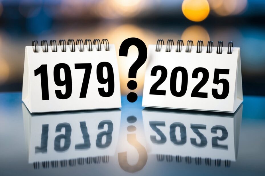 Um calendário mostrando os anos 1979 e 2025 com um claro ponto de interrogação entre eles