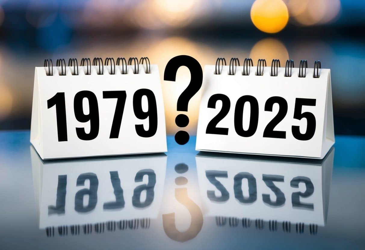 Um calendário mostrando os anos 1979 e 2025 com um claro ponto de interrogação entre eles