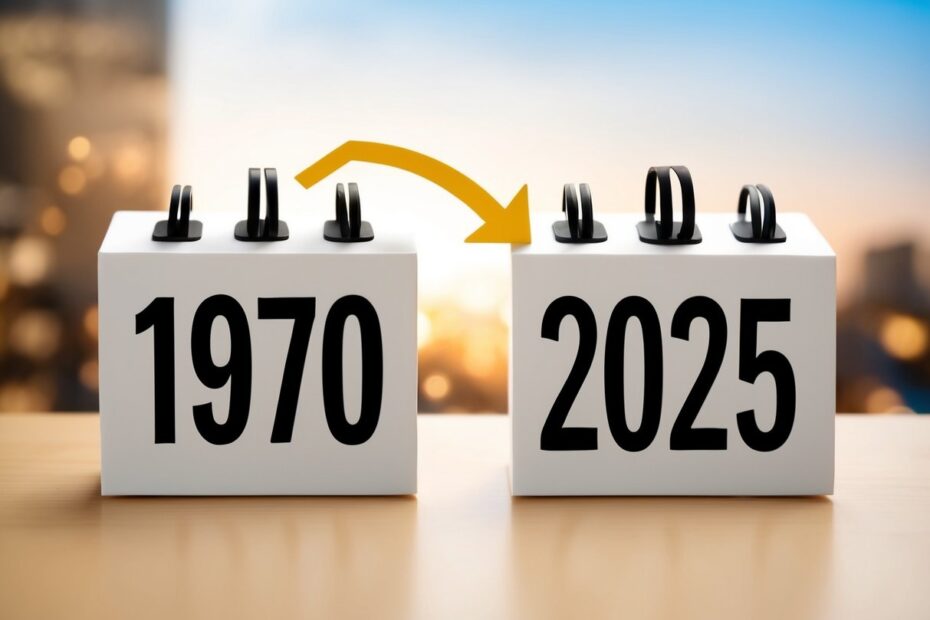 Um calendário mostrando o ano de 1970 e o ano de 2025 com uma seta apontando de 1970 para 2025