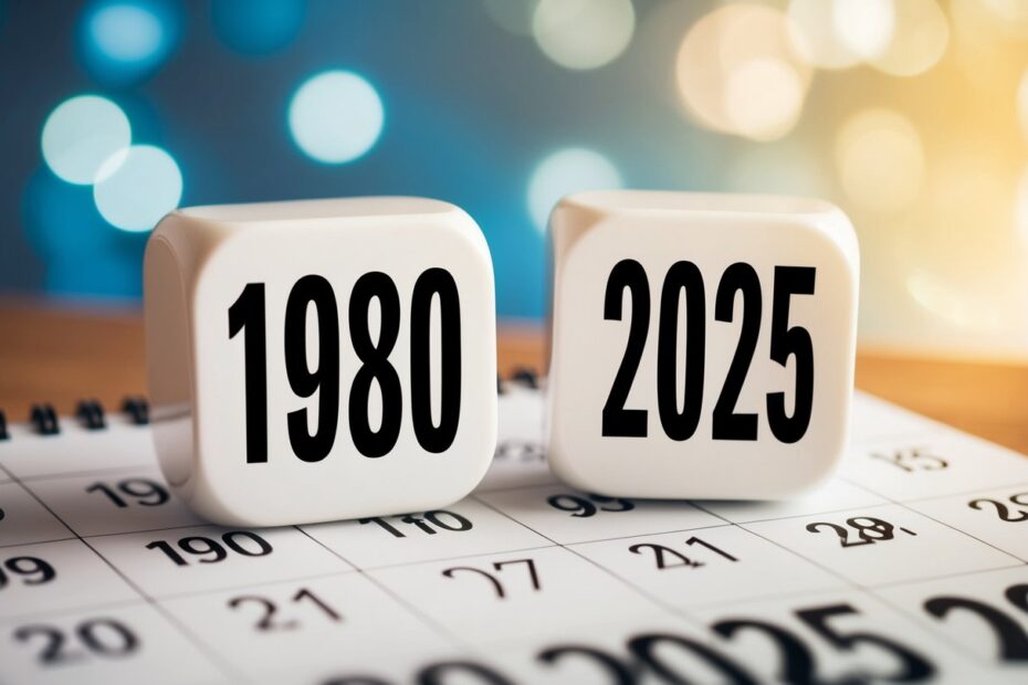 Um calendário mostrando os anos de 1980 e 2025 com um foco claro nas duas datas