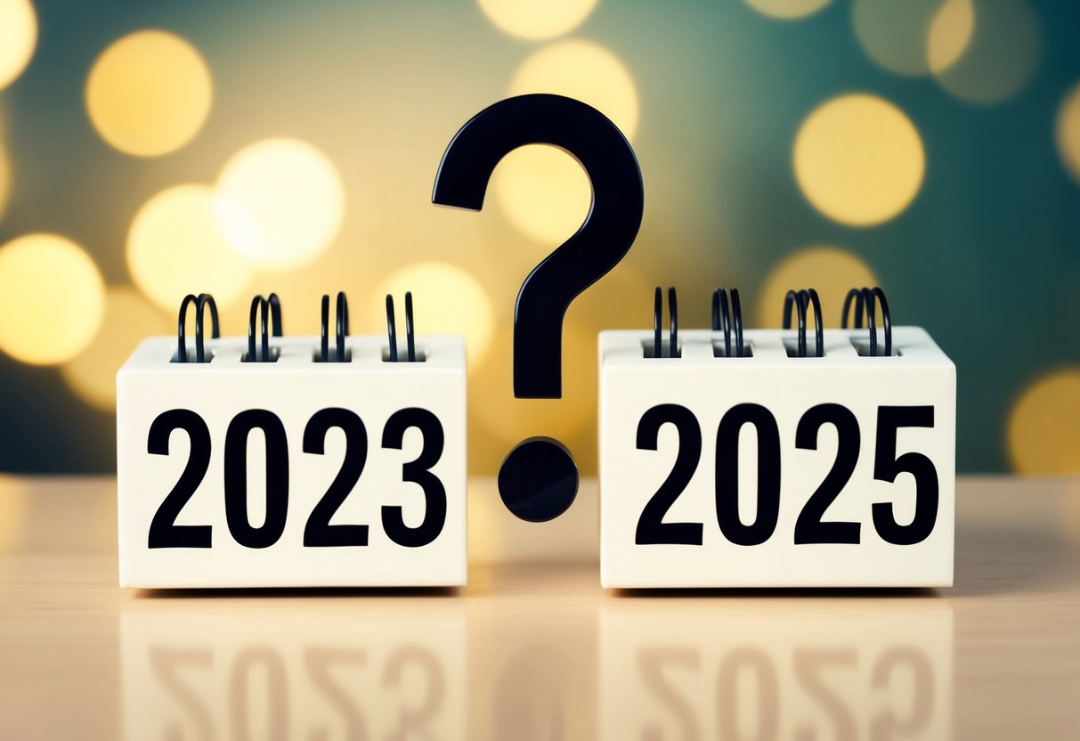 Um calendário mostrando os anos de 2023 e 2025 com um ponto de interrogação simbolizando a passagem do tempo