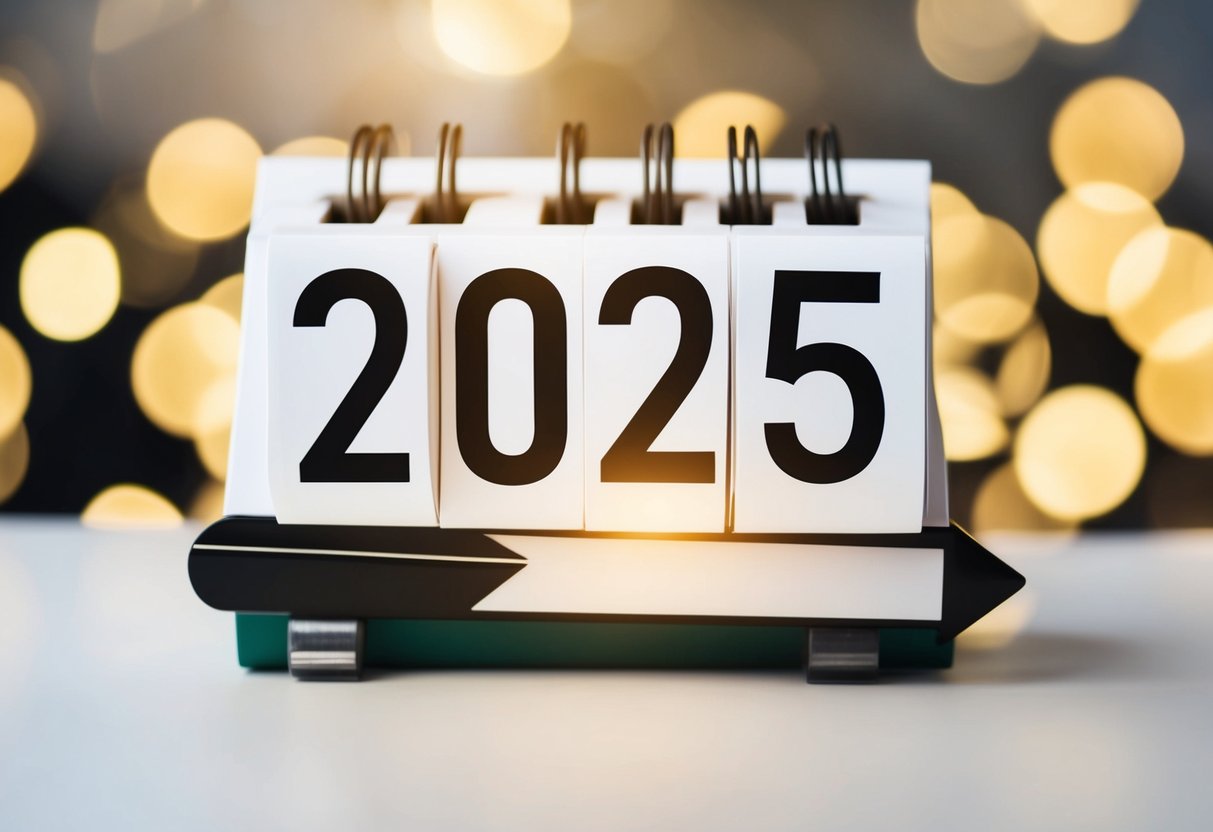 Um calendário mostrando os anos de 2020 e 2025, com uma seta apontando de 2020 para 2025