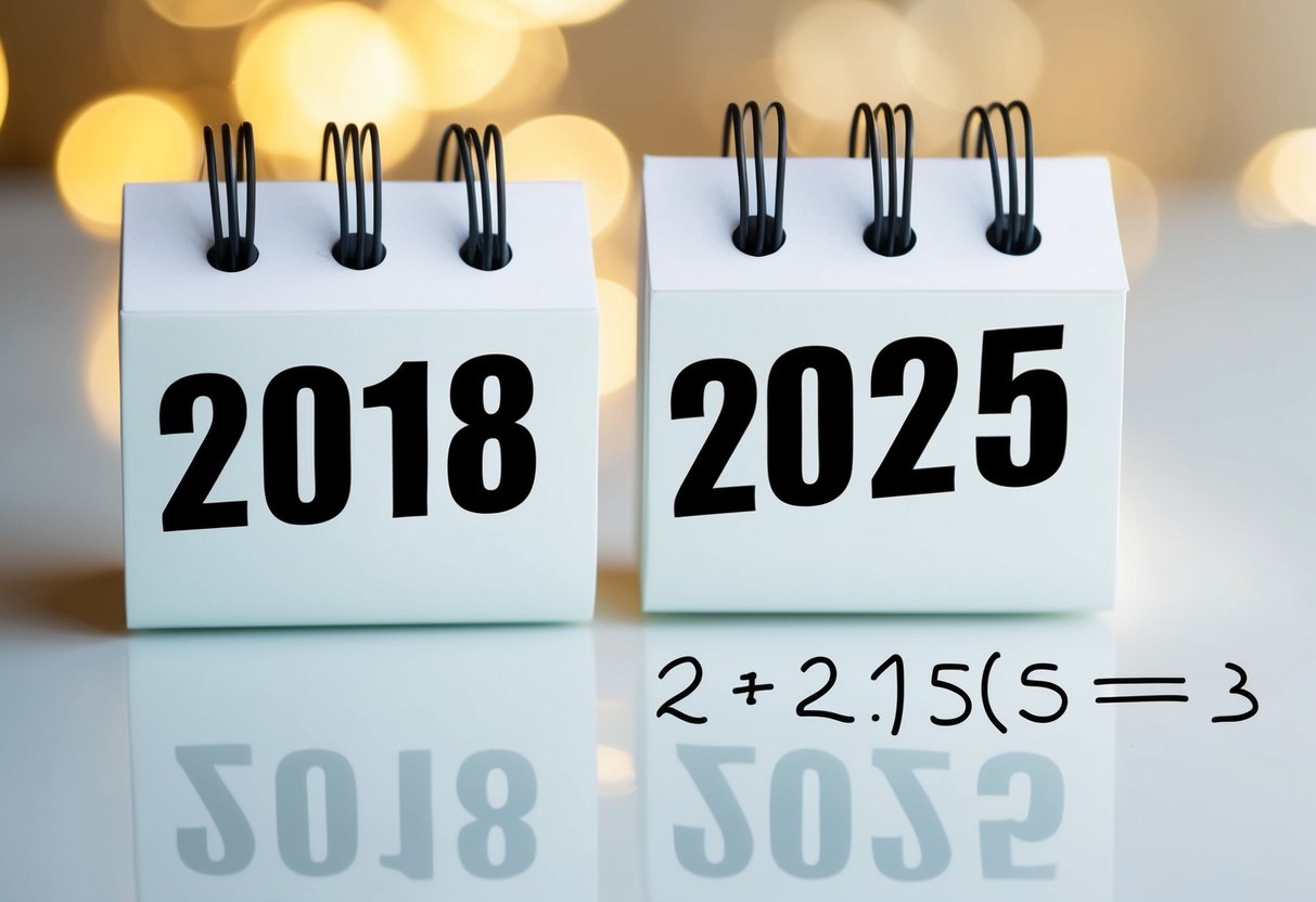 Um calendário mostrando os anos de 2018 e 2025 com uma equação matemática simples escrita ao lado.