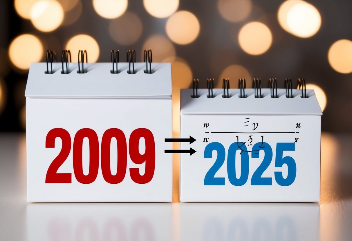 Um calendário mostrando os anos de 2009 e 2025 com uma equação matemática entre eles