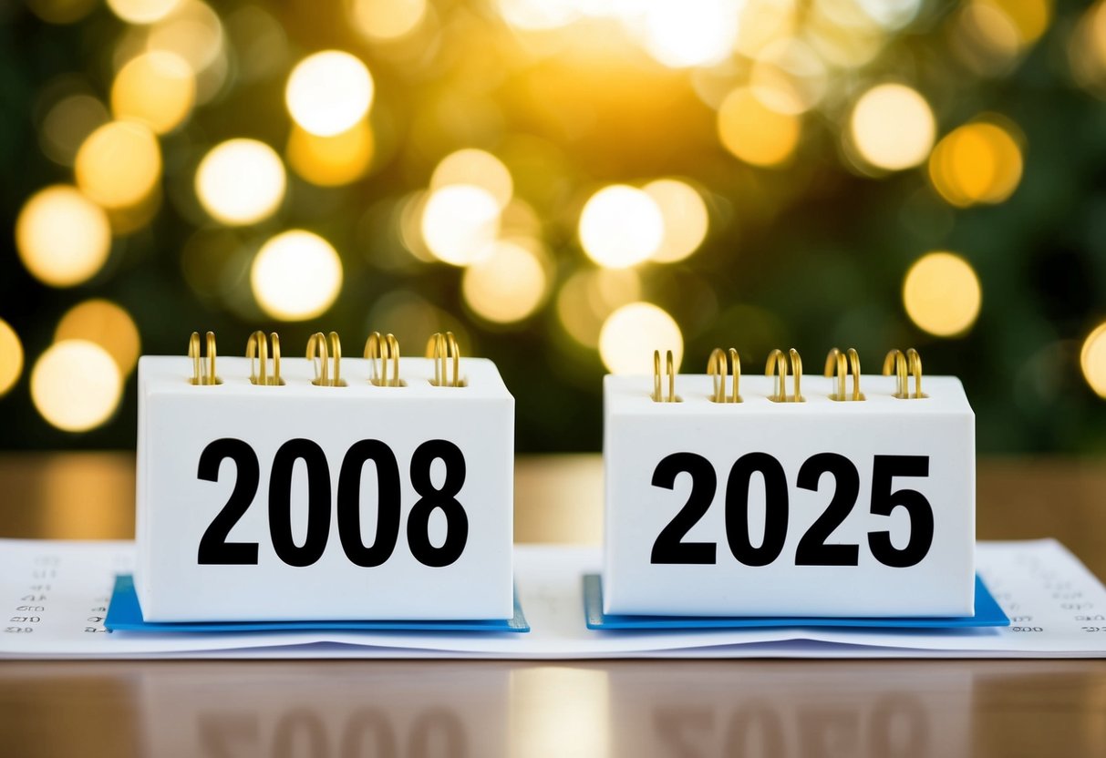 Um calendário mostrando os anos de 2008 e 2025 com uma representação visual clara da passagem do tempo