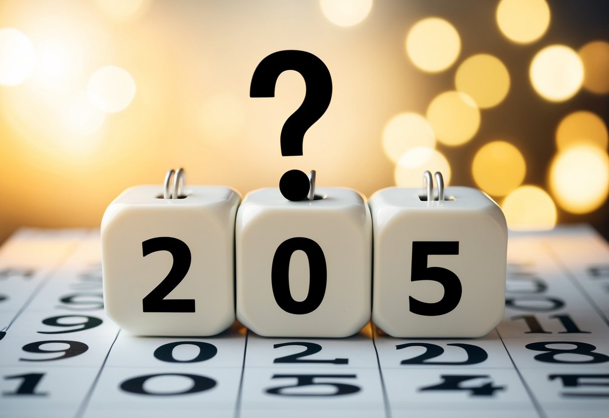 Um calendário mostrando os anos 2005 e 2025 com um ponto de interrogação acima do ano 2005