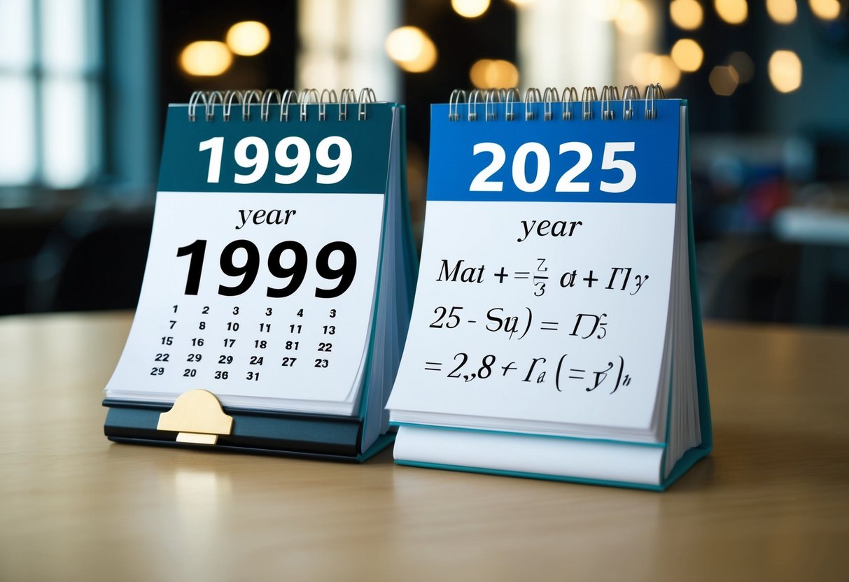 Um calendário mostrando o ano de 1999 e o ano de 2025 com uma equação matemática escrita ao lado.
