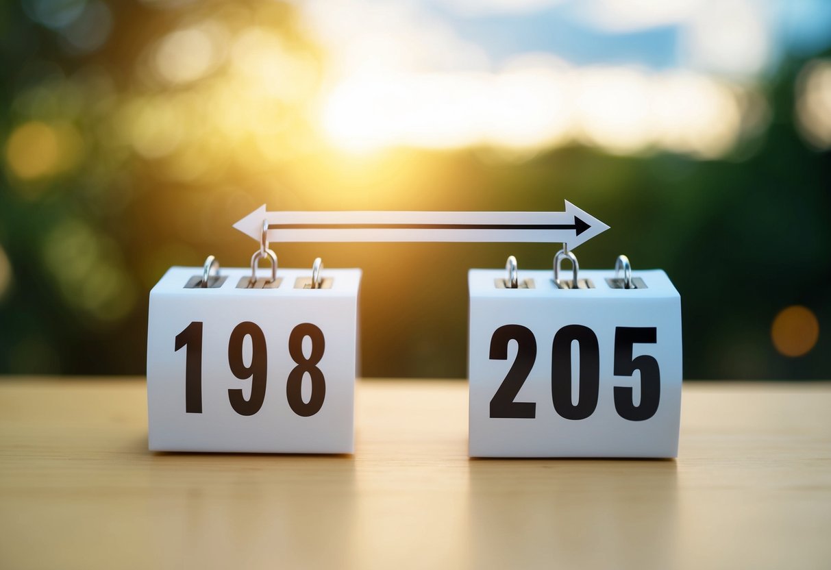 Um calendário mostrando os anos de 1998 e 2025 com uma seta apontando de 1998 para 2025, indicando a passagem do tempo