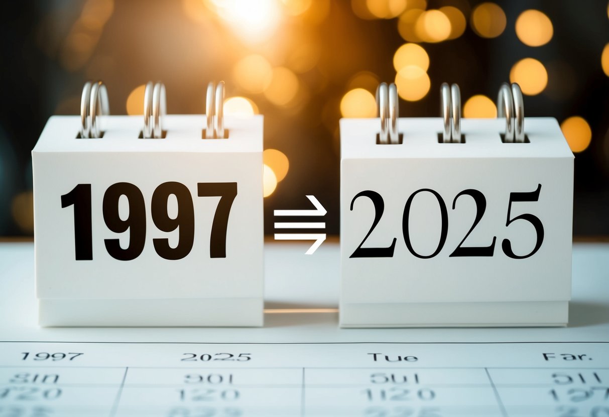 Um calendário mostrando os anos de 1997 e 2025 com uma equação matemática clara entre eles