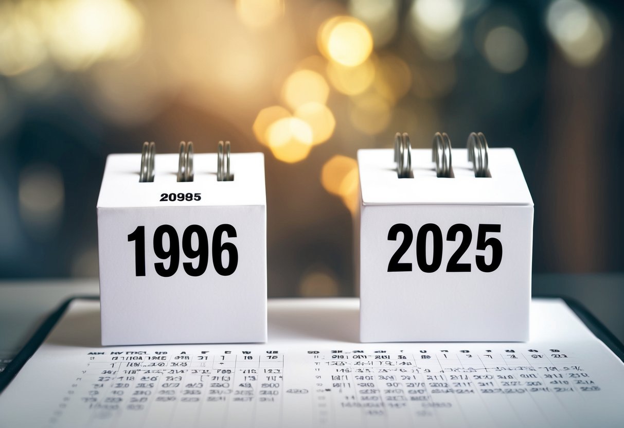 Um calendário mostrando os anos de 1996 e 2025 com uma equação matemática escrita.