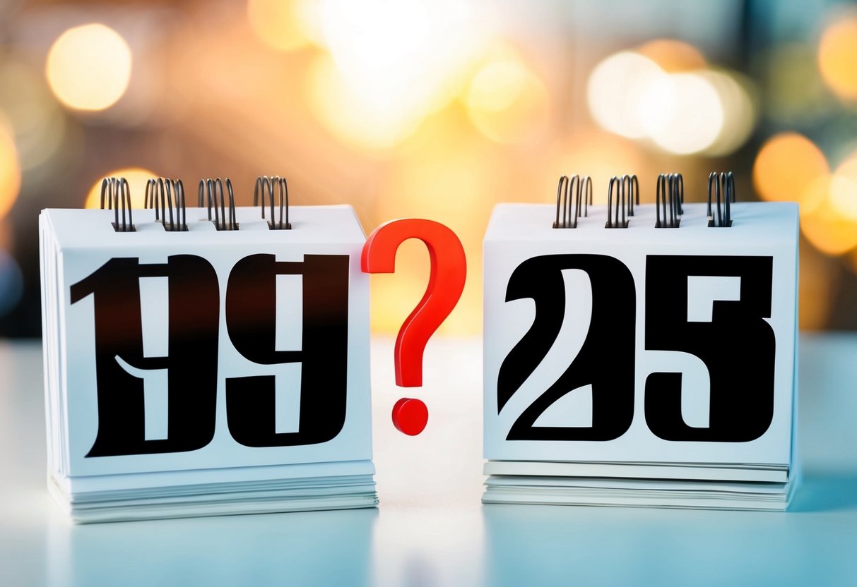 Um calendário mostrando os anos de 1995 e 2025 com um ponto de interrogação entre eles
