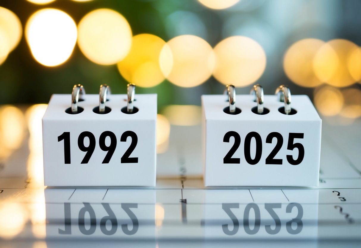 Um calendário mostrando os anos de 1992 e 2025 com uma clara indicação da diferença de 33 anos