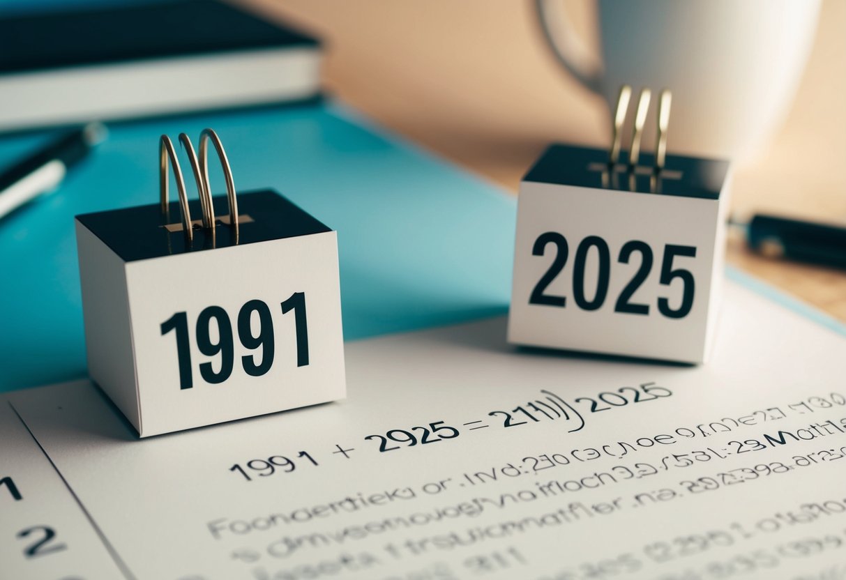 Um calendário mostrando o ano de 1991 e o ano de 2025 com uma equação matemática escrita em um pedaço de papel