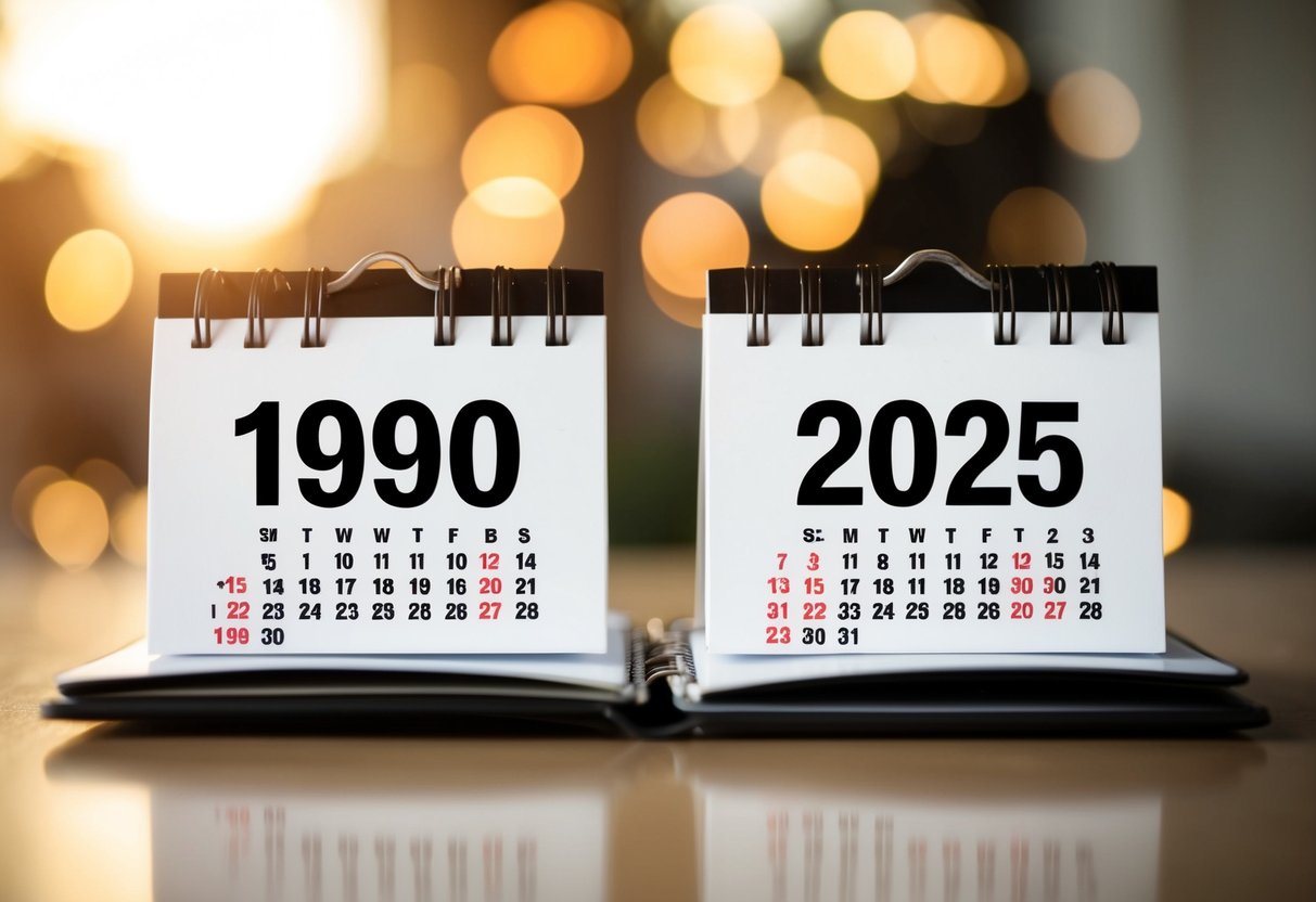 Um calendário mostrando os anos de 1990 e 2025 com uma clara indicação da diferença de idade