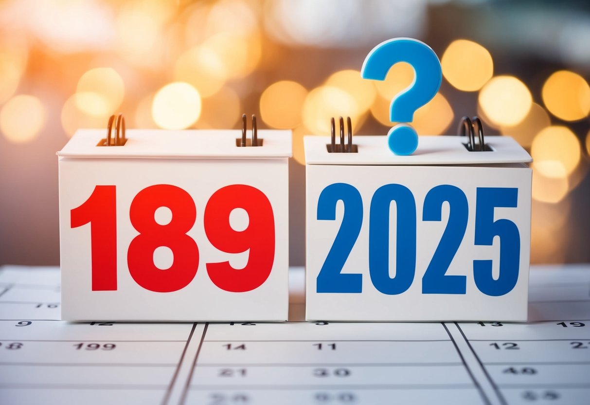 Um calendário mostrando os anos de 1989 e 2025 com um ponto de interrogação acima dele