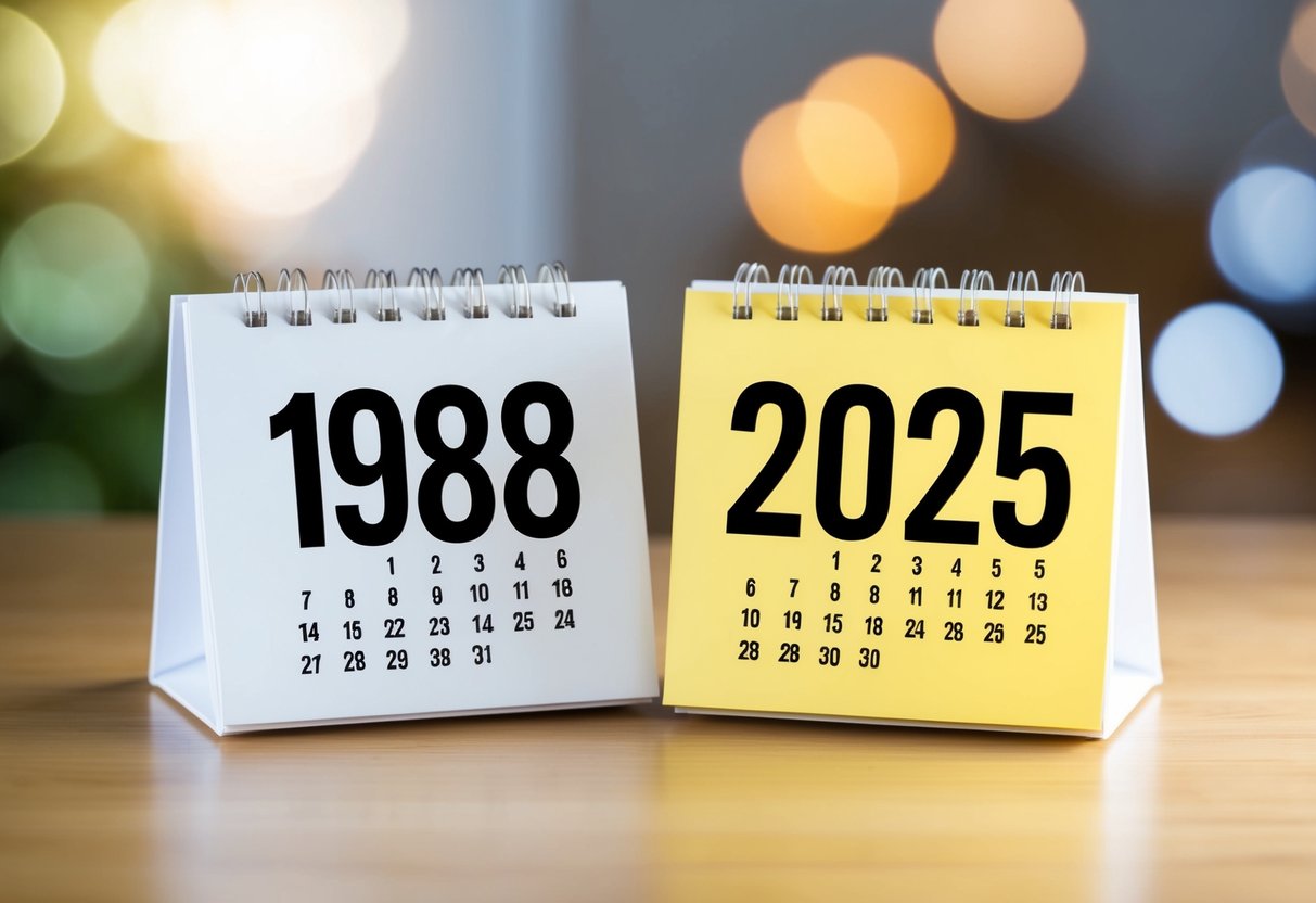 Um calendário mostrando os anos de 1988 e 2025 com uma clara indicação da diferença de idade