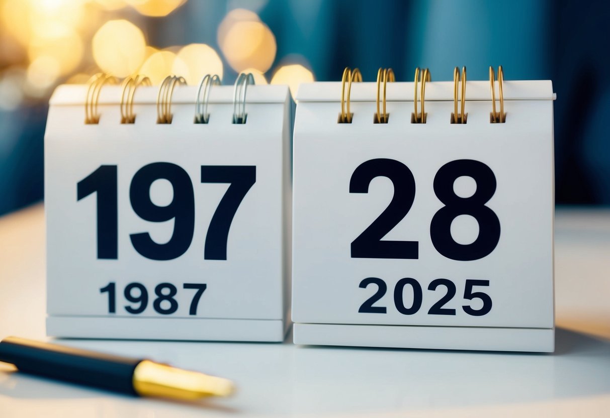 Um calendário mostrando os anos de 1987 e 2025 com uma clara indicação da diferença de 38 anos