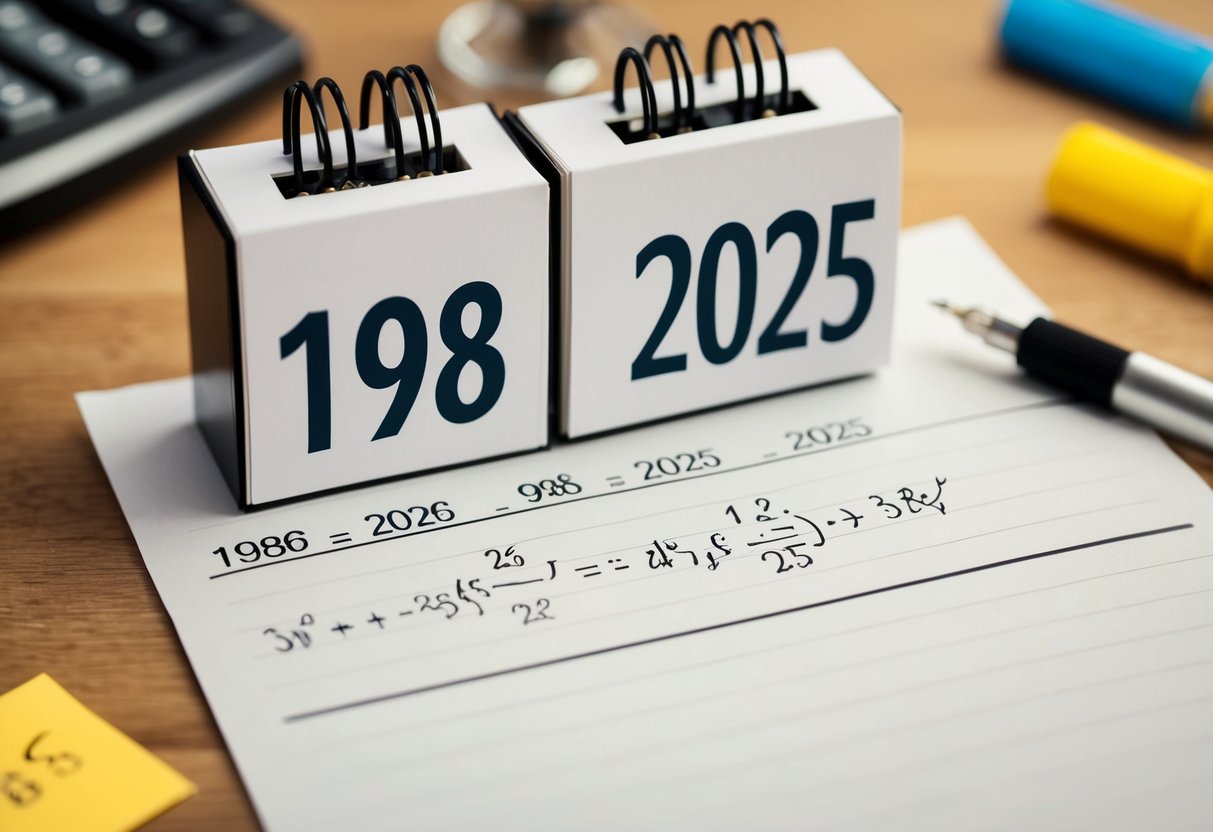Um calendário mostrando os anos de 1986 e 2025 com uma equação matemática escrita em um pedaço de papel