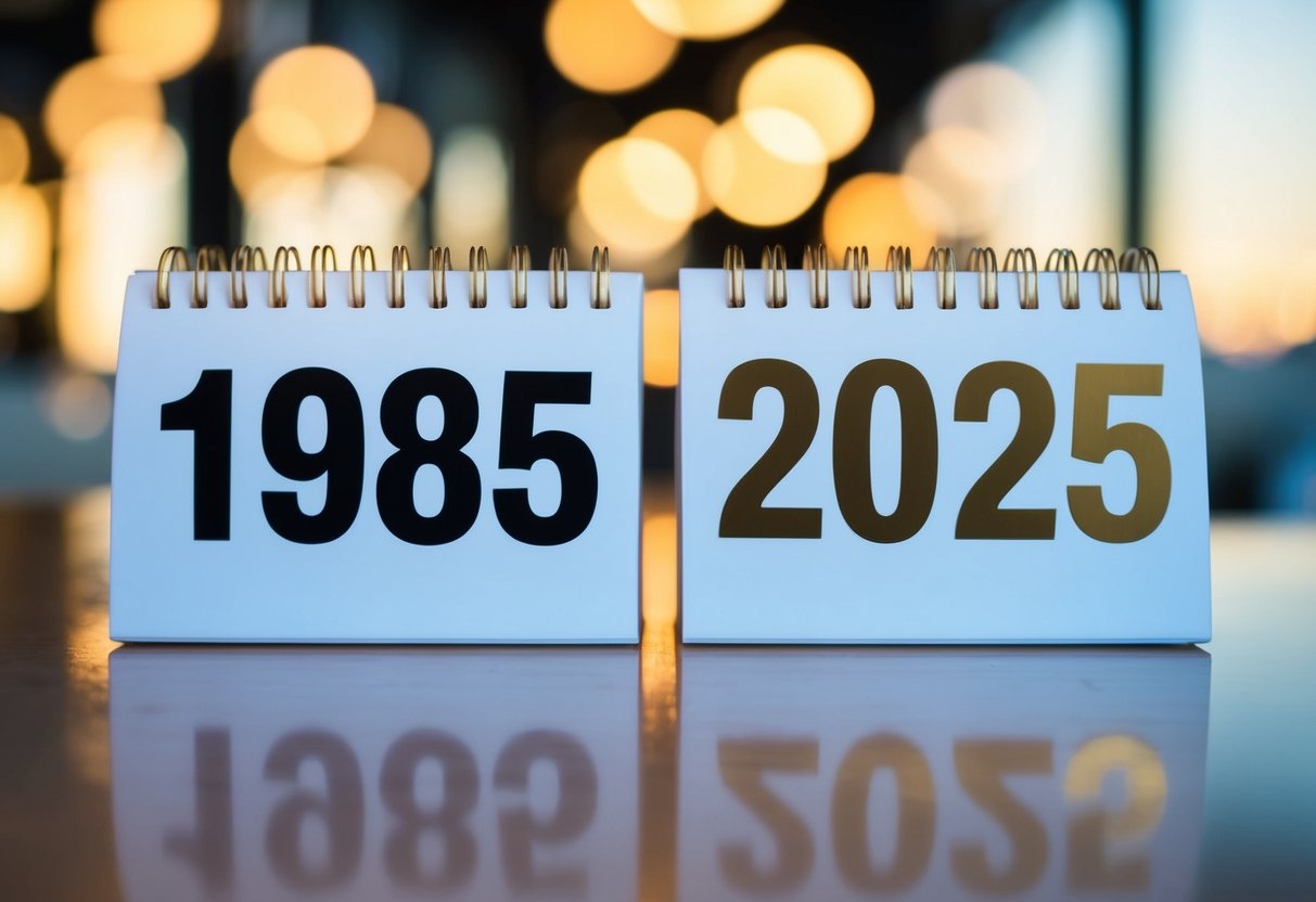 Um calendário mostrando os anos de 1985 e 2025 com uma representação visual clara da passagem do tempo