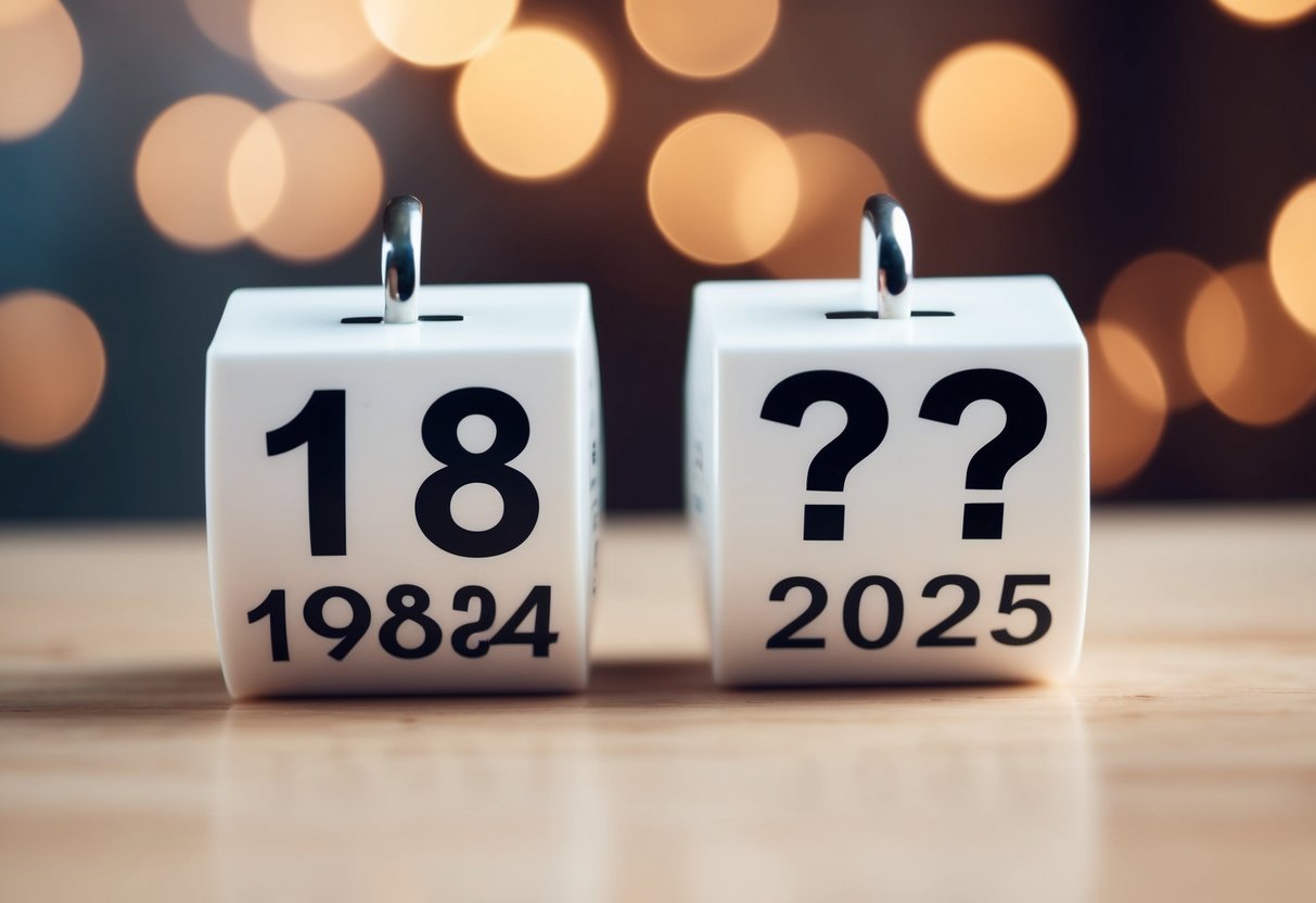 Um calendário mostrando os anos de 1984 e 2025 com um ponto de interrogação