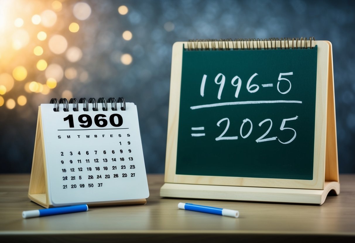 Um calendário mostrando os anos de 1960 e 2025 com uma equação matemática escrita em um quadro negro
