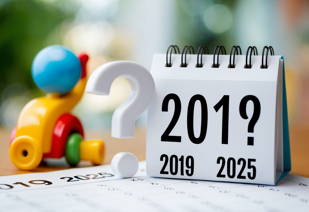 Uma página de calendário mostrando os anos 2019 e 2025, com um ponto de interrogação e um brinquedo infantil próximo.