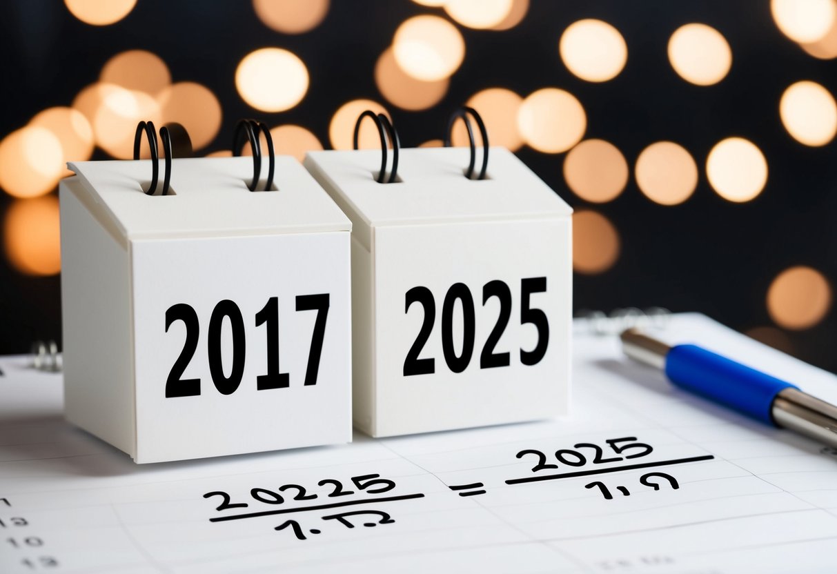 Um calendário mostrando os anos de 2017 e 2025 com uma equação matemática simples escrita ao lado.