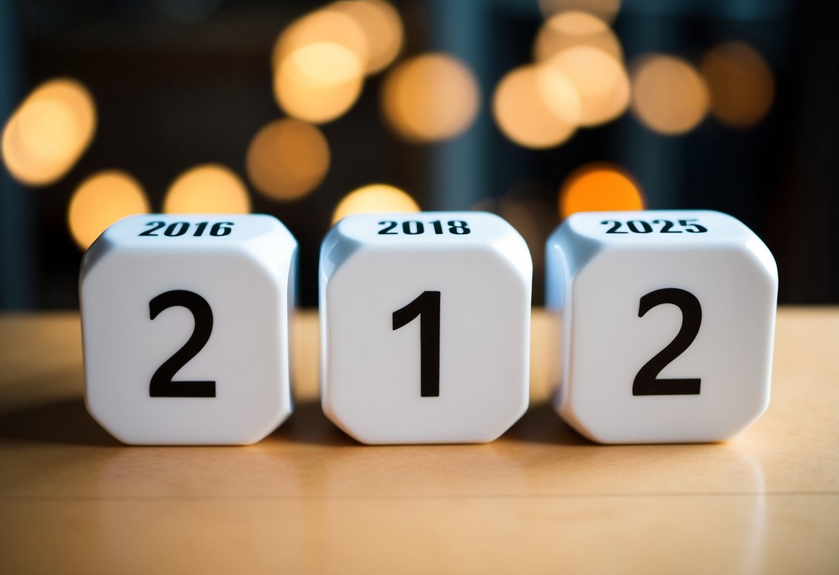Um calendário mostrando os anos de 2016 e 2025 com uma clara progressão do tempo
