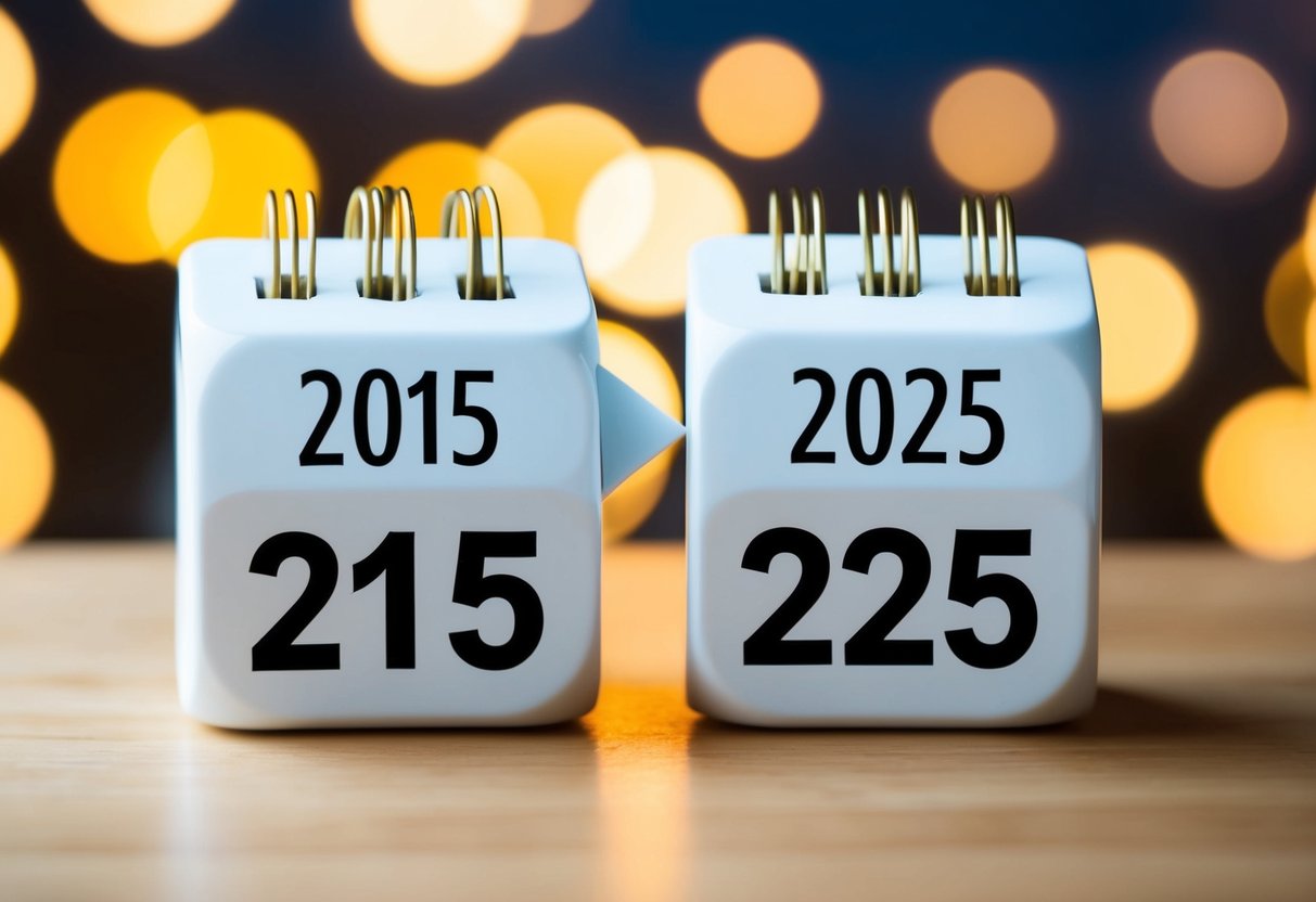 Um calendário mostrando os anos de 2015 e 2025 com uma seta apontando de 2015 para 2025