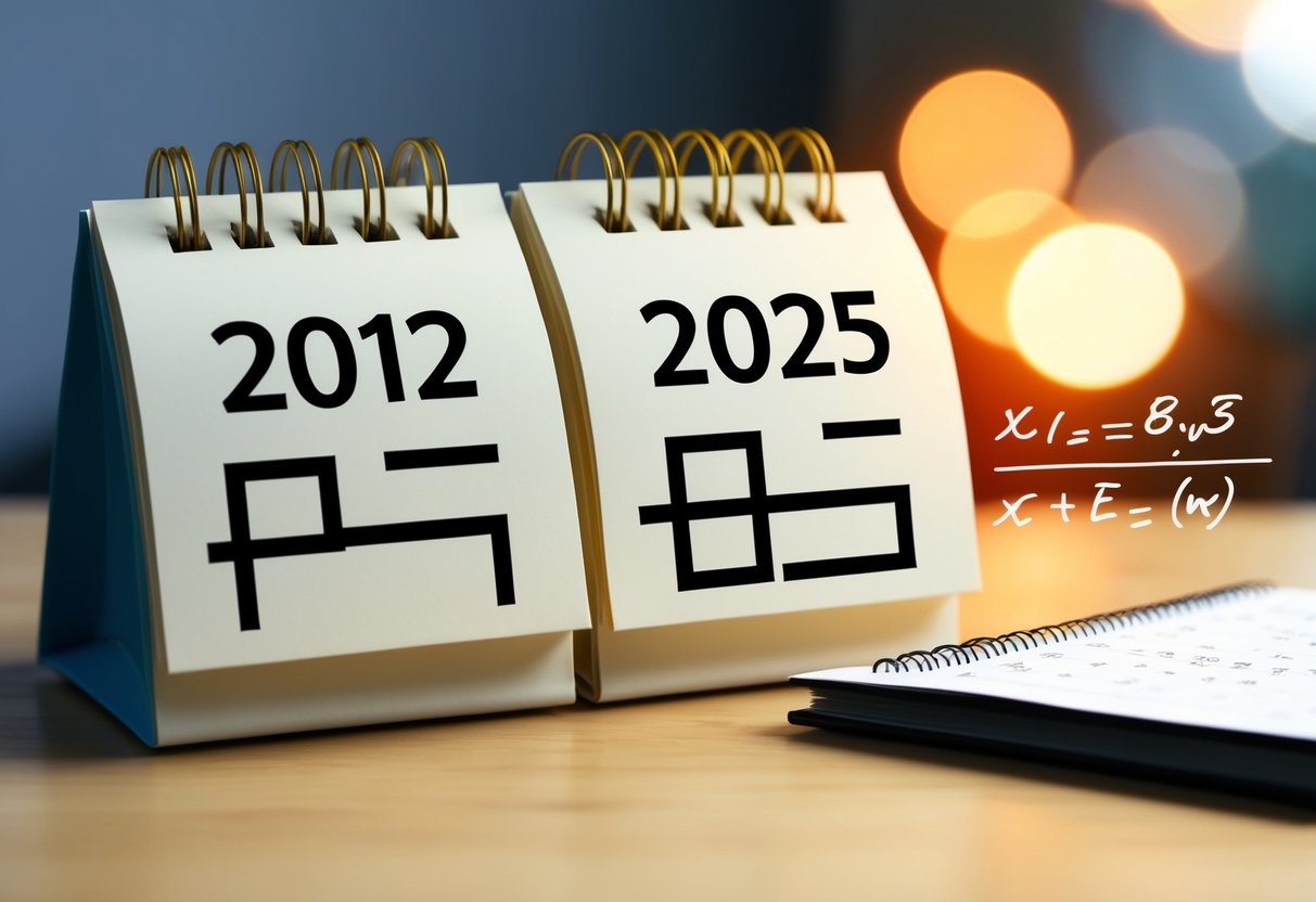 Um calendário mostrando os anos de 2012 e 2025 com uma equação matemática escrita ao lado.