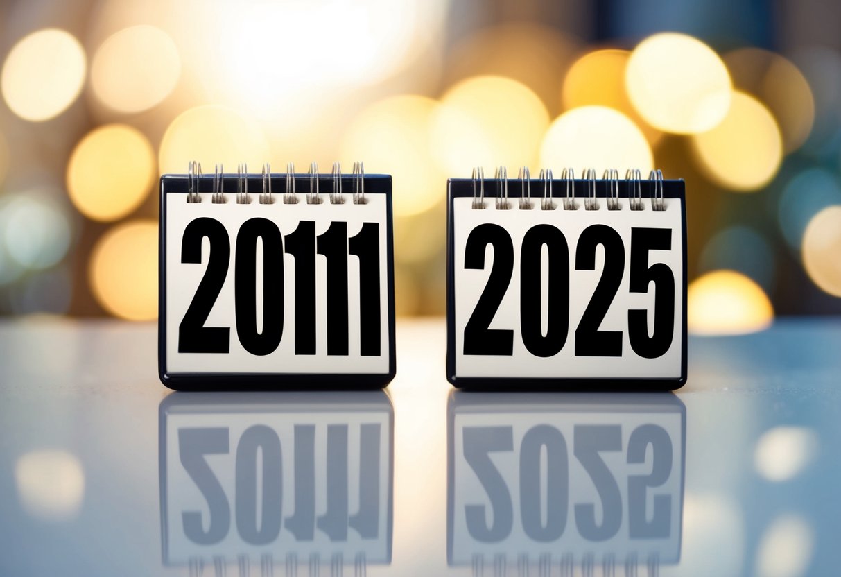Um calendário mostrando os anos de 2011 e 2025 com uma representação visual clara da passagem do tempo