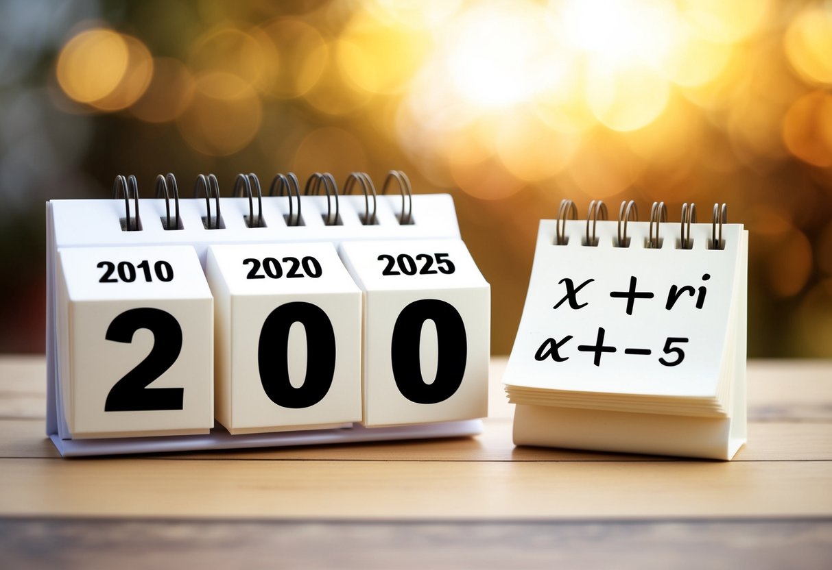 Um calendário mostrando os anos de 2010 e 2025 com uma equação matemática simples escrita ao lado.