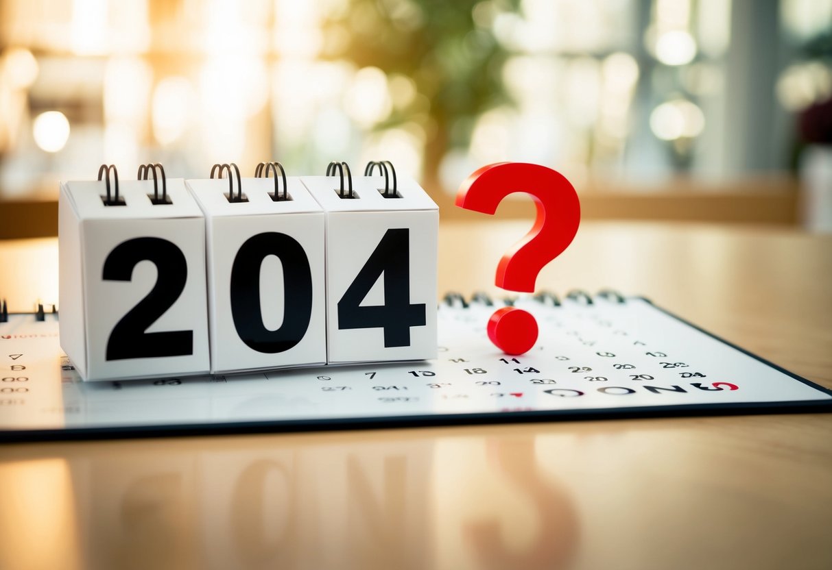 Um calendário mostrando os anos 2004 e 2025 com um ponto de interrogação acima do último ano