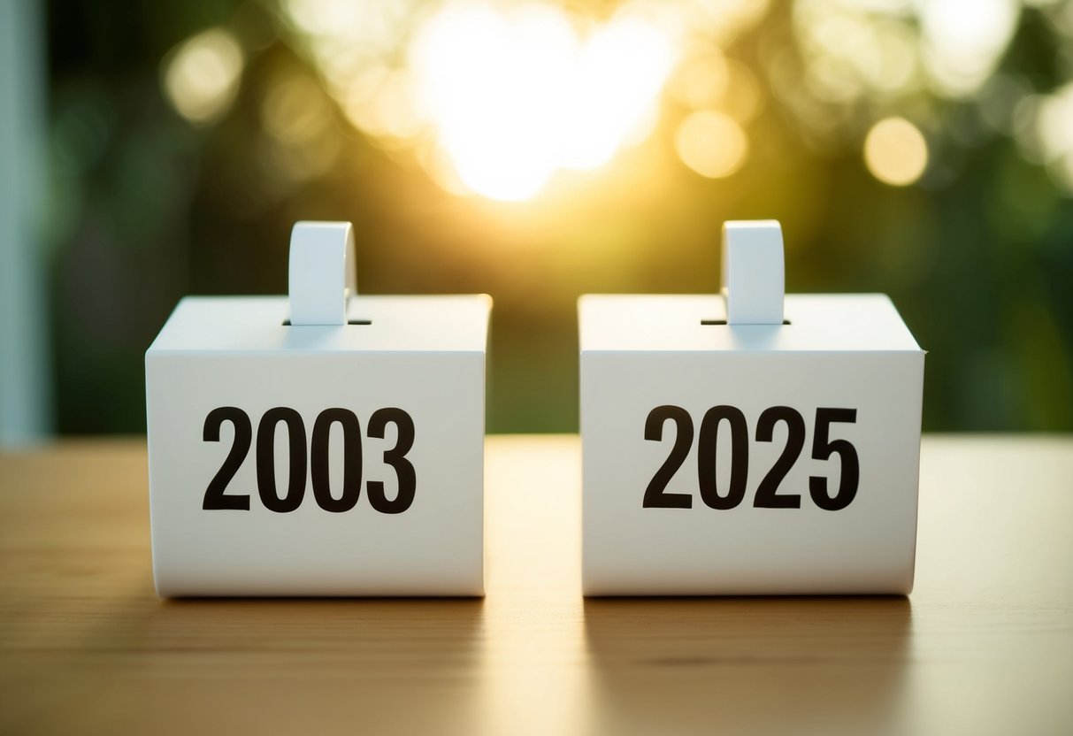 Um calendário mostrando os anos de 2003 e 2025 com uma clara indicação da diferença de 22 anos