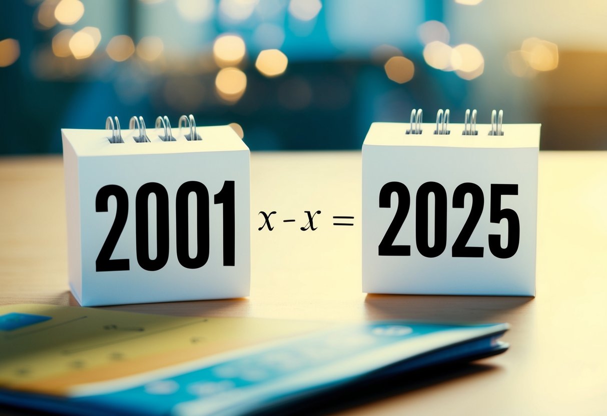 Um calendário mostrando o ano de 2001 e o ano de 2025 com uma equação matemática escrita entre eles