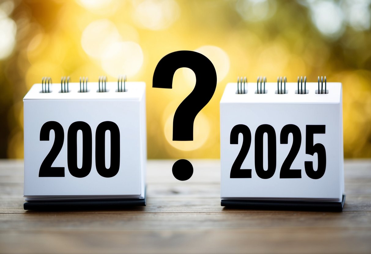 Um calendário mostrando os anos 2000 e 2025 com uma pergunta clara e direta escrita no meio