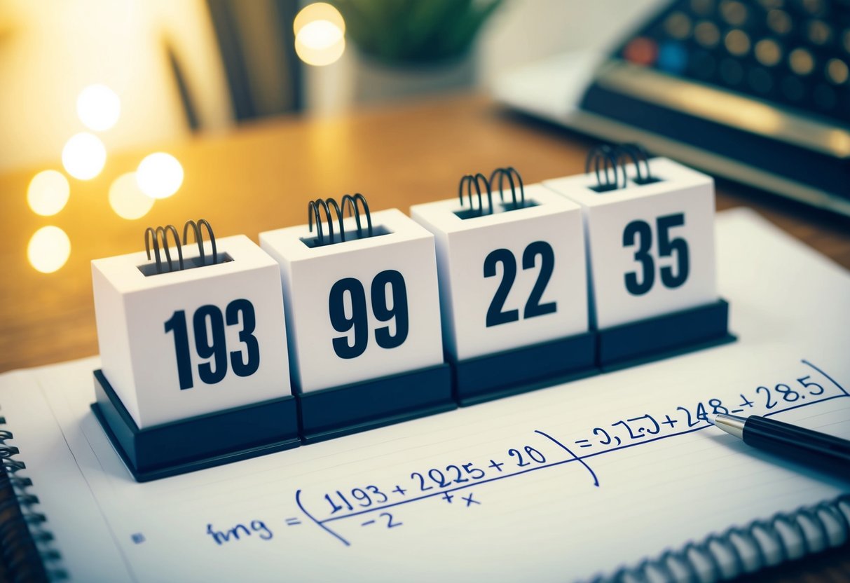 Um calendário mostrando os anos de 1993 e 2025, com uma equação matemática escrita em um pedaço de papel