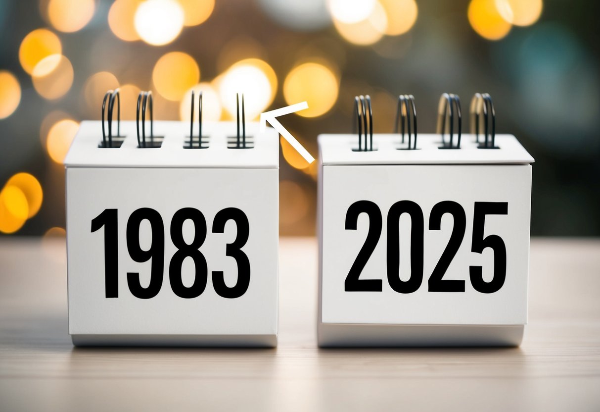 Um calendário mostrando os anos de 1983 e 2025 com uma seta apontando de 1983 para 2025