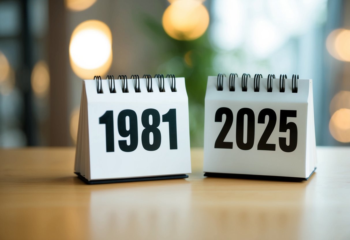 Um calendário mostrando os anos de 1981 e 2025 com uma indicação visual clara da diferença de idade