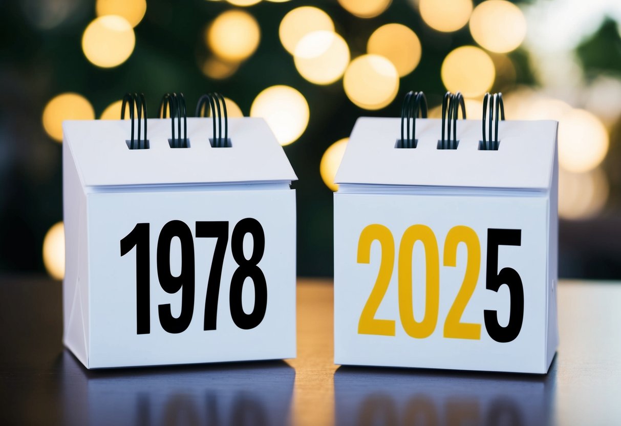 Um calendário mostrando os anos de 1978 e 2025, com uma indicação clara da diferença de 47 anos