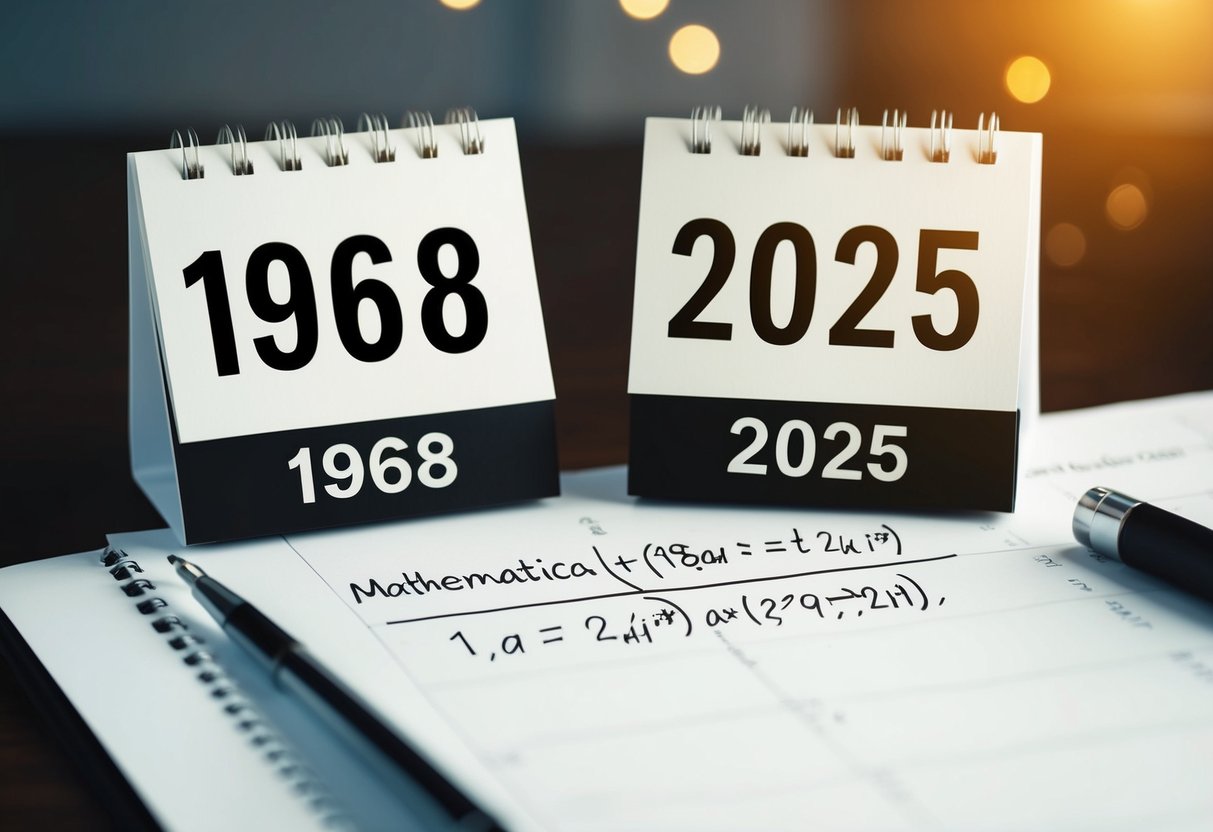 Um calendário mostrando os anos de 1968 e 2025 com uma equação matemática escrita em um pedaço de papel