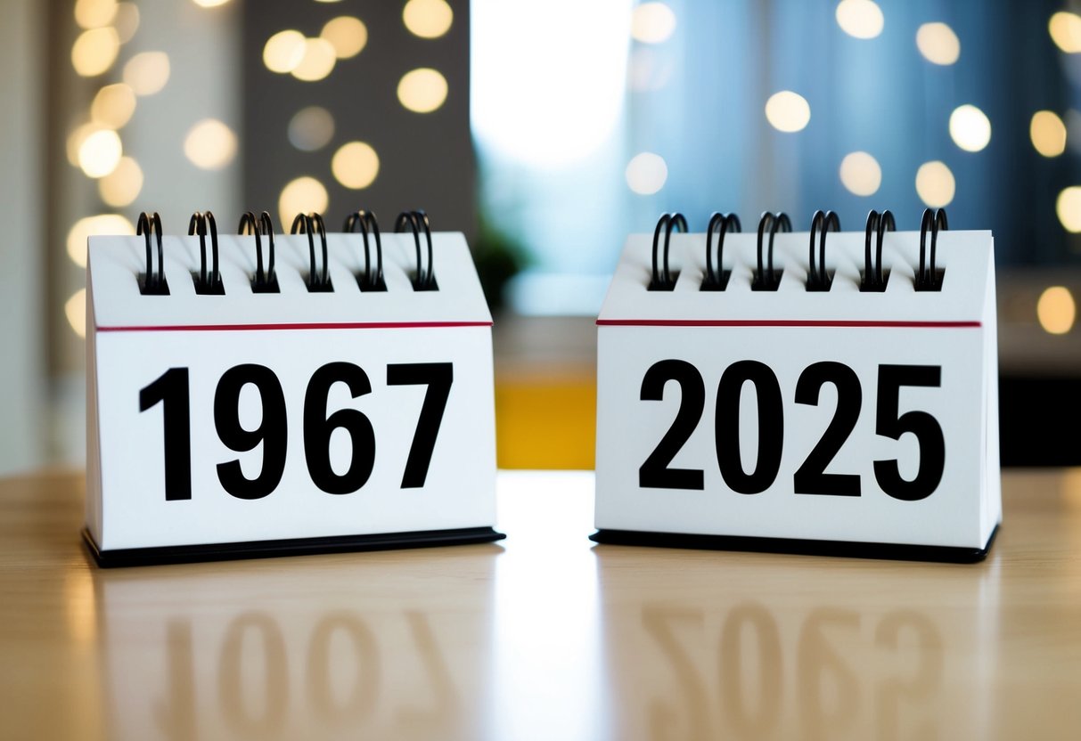 Um calendário mostrando os anos de 1967 e 2025, com uma clara indicação da diferença de 58 anos.