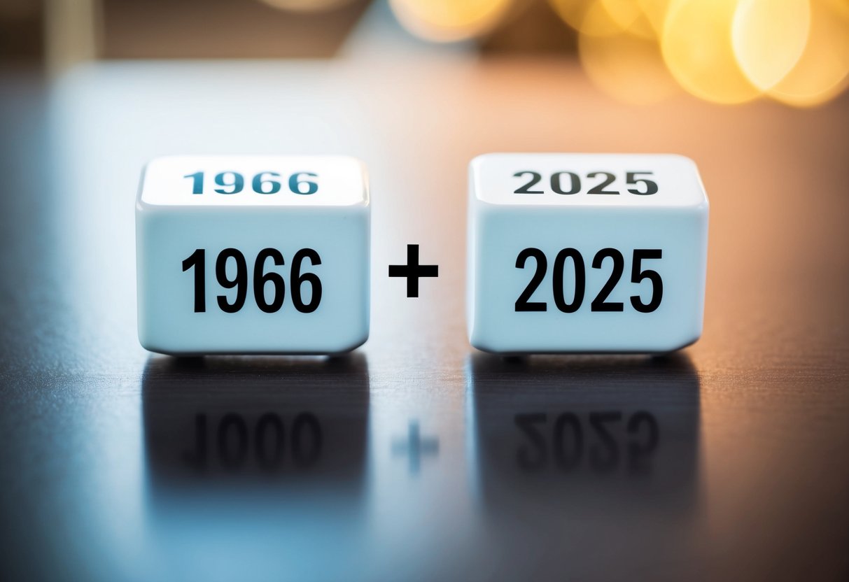 Um calendário mostrando os anos de 1966 e 2025 com um cálculo claro entre as duas datas