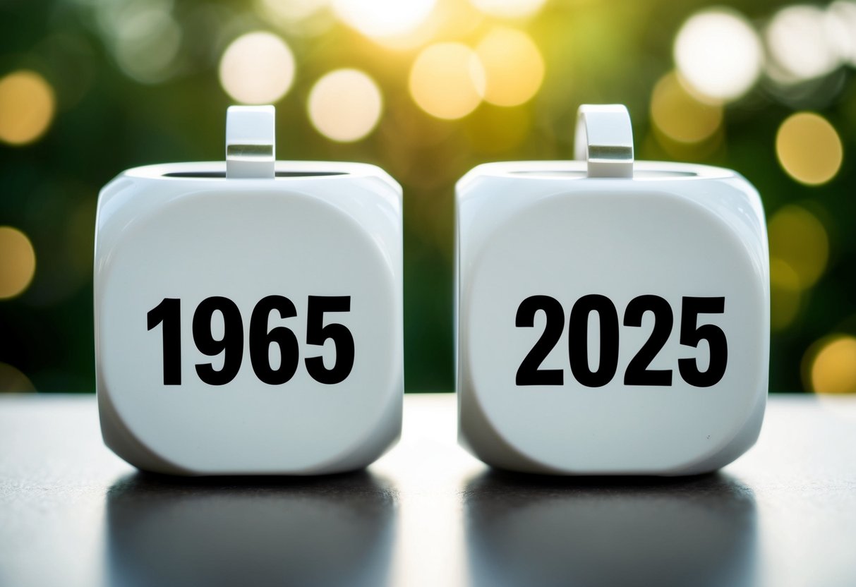 Um calendário mostrando os anos de 1965 e 2025 com uma representação visual clara da passagem do tempo