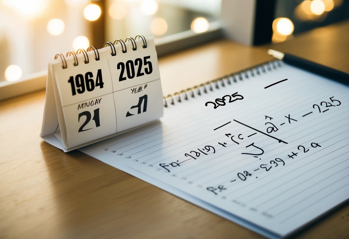 Um calendário mostrando os anos de 1964 e 2025 com uma equação matemática escrita em um pedaço de papel