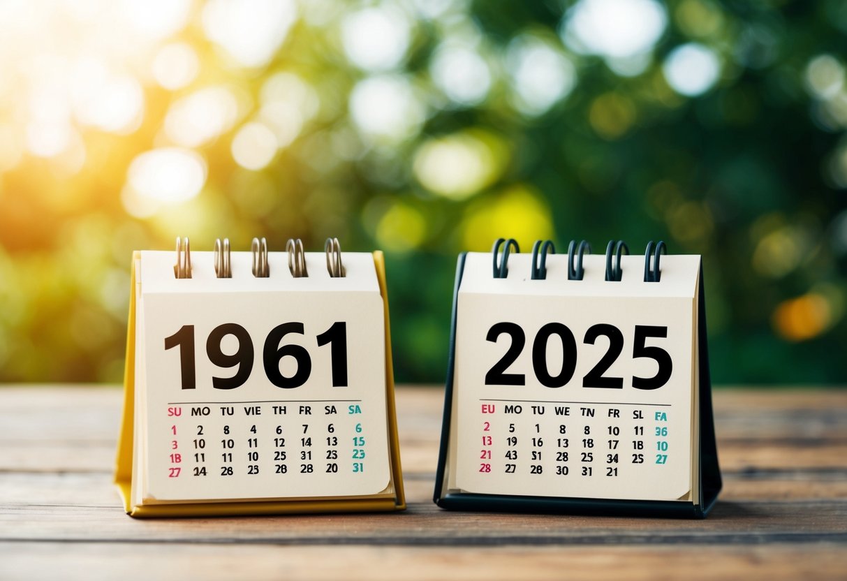 Um calendário vintage exibindo os anos de 1961 e 2025, com uma visão clara da diferença de idade.