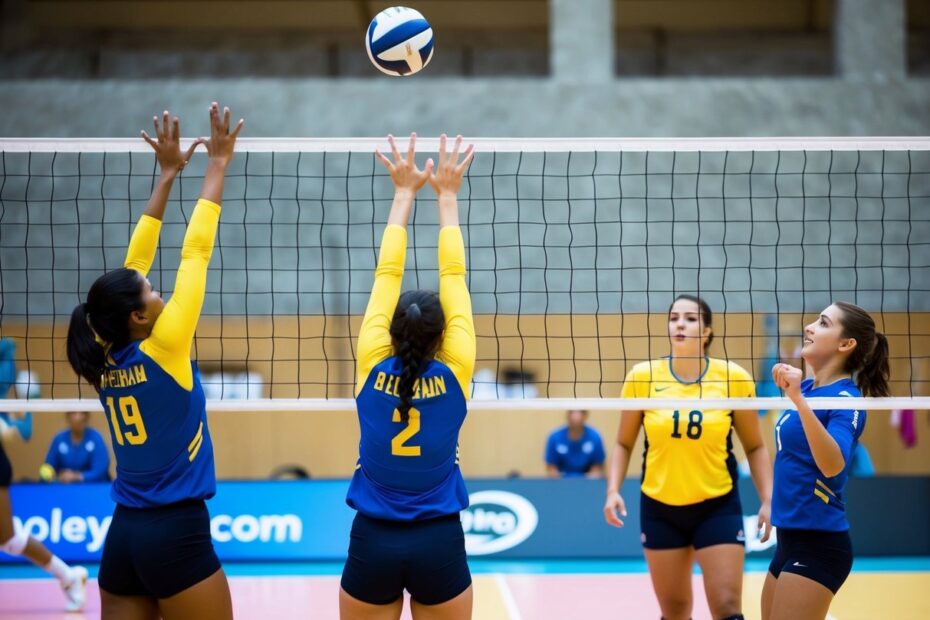 Uma partida de vôlei dura uma hora, com duas equipes jogando em uma quadra, usando uma rede para passar a bola para o outro lado.