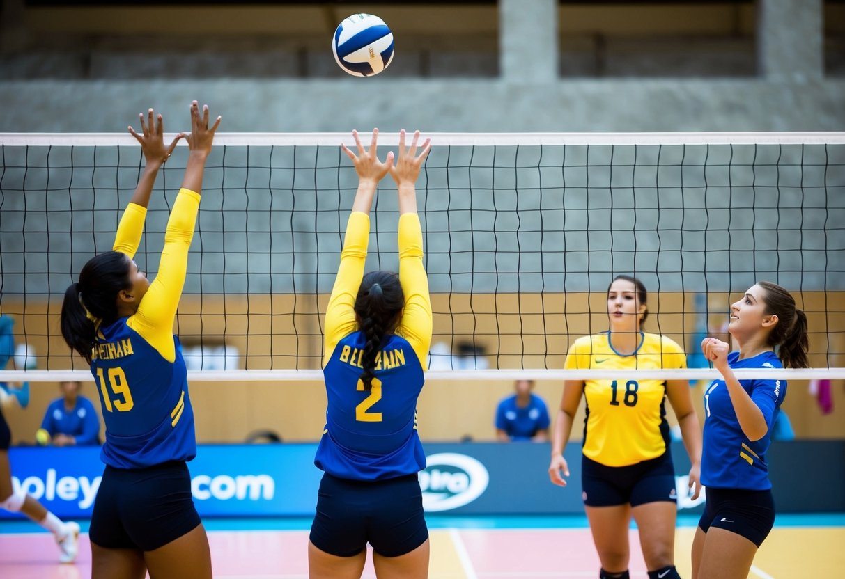 Uma partida de vôlei dura uma hora, com duas equipes jogando em uma quadra, usando uma rede para passar a bola para o outro lado.