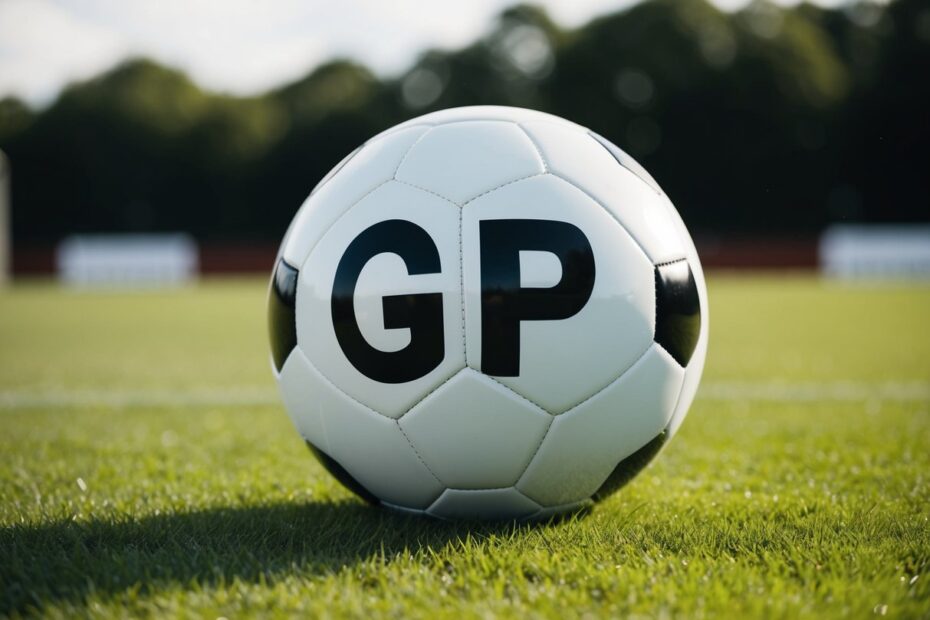 Uma bola de futebol com as iniciais "GP" no campo de grama