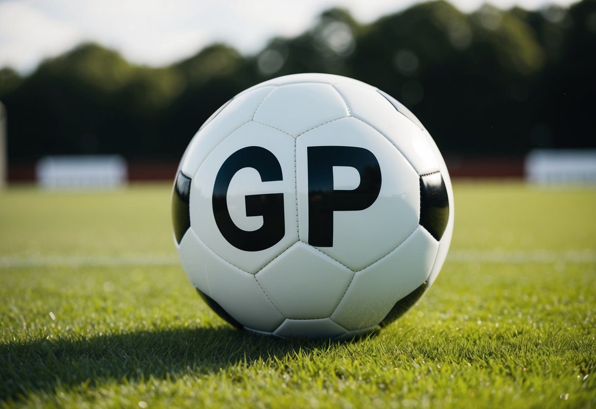 Uma bola de futebol com as iniciais "GP" no campo de grama